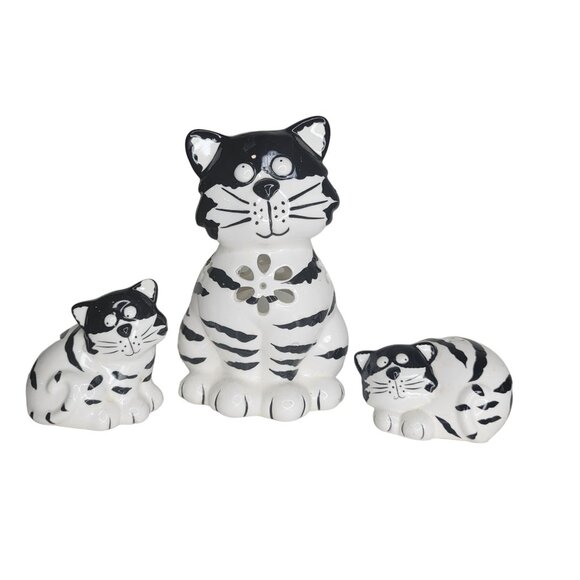 Set Of 3 Hand-Painted Ceramic Black & White Cat salt and pepper shaker/ caddy - Picture 6 of 7